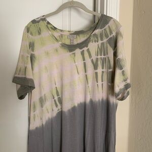 LOGO Lori Goldstein Tie Dyed Midi Tee Shirt Dress SZ XL Lime Grey Asymmetric